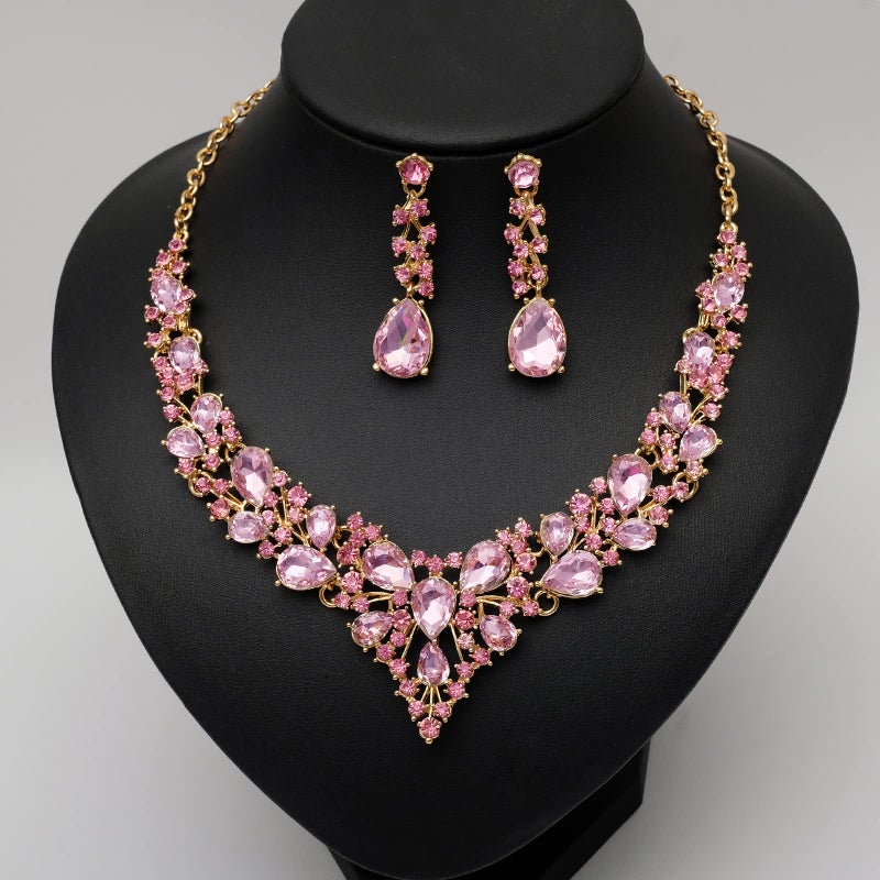 CSY 4 Pcs/Set Austrian Crystal Necklace Earrings Bracelet Ring Bridal Jewelry Sets for Brides Wedding Party Costume Accessories Gifts for Women (02-gold plated-pink) - Image 3