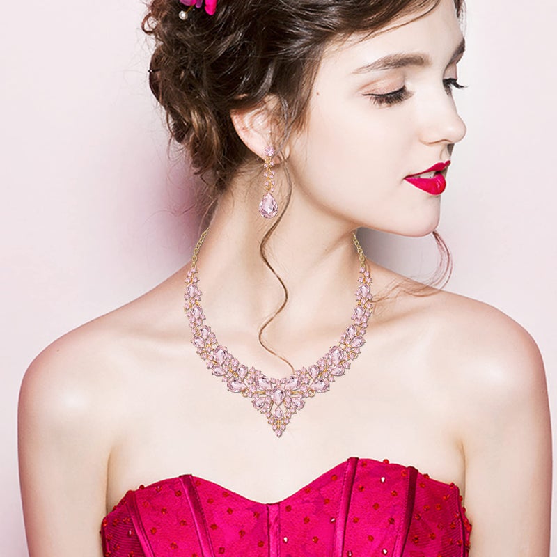 CSY 4 Pcs/Set Austrian Crystal Necklace Earrings Bracelet Ring Bridal Jewelry Sets for Brides Wedding Party Costume Accessories Gifts for Women (02-gold plated-pink) - Image 2