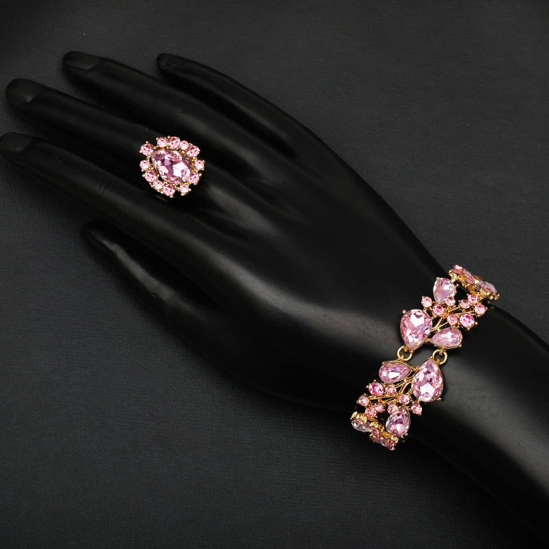CSY 4 Pcs/Set Austrian Crystal Necklace Earrings Bracelet Ring Bridal Jewelry Sets for Brides Wedding Party Costume Accessories Gifts for Women (02-gold plated-pink) - Image 5