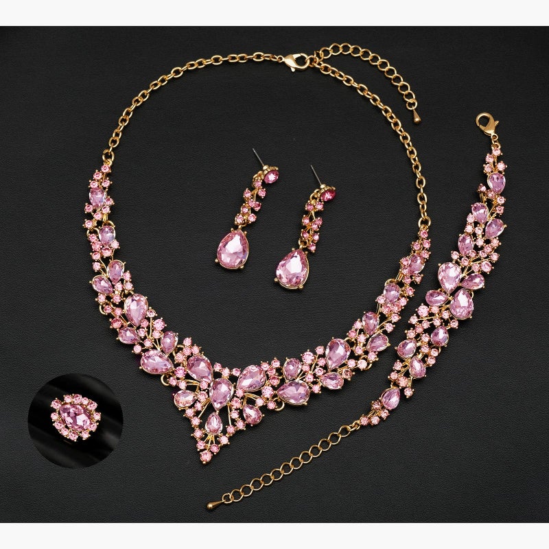 CSY 4 Pcs/Set Austrian Crystal Necklace Earrings Bracelet Ring Bridal Jewelry Sets for Brides Wedding Party Costume Accessories Gifts for Women (02-gold plated-pink) - Image 4