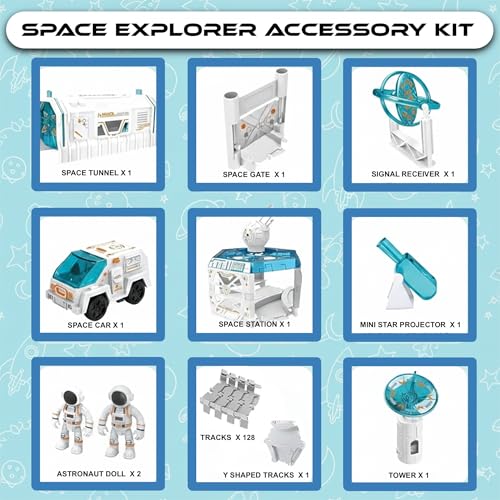 SNAPTRON Space Race Track, Space Train Track Set, 143PCS DIY Flexible Tracks Toys for Boys 7-14 Years| Train Set for Kids with 1 Mini Star Projector, 1 Light Up Car & 2 Astronauts Toy for Kids - Image 2