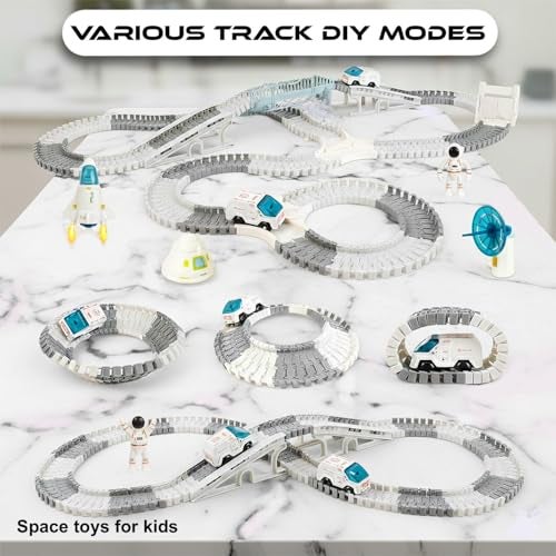 SNAPTRON Space Race Track, Space Train Track Set, 143PCS DIY Flexible Tracks Toys for Boys 7-14 Years| Train Set for Kids with 1 Mini Star Projector, 1 Light Up Car & 2 Astronauts Toy for Kids - Image 3