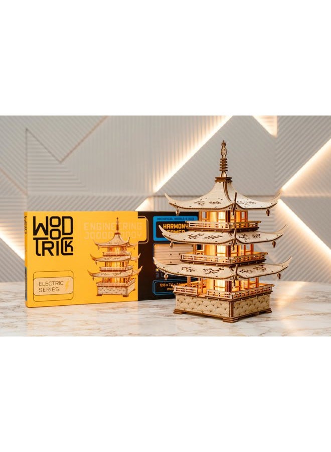 Wood Trick برج التناغم باجودا LED 3D ألغاز خشبية للبالغين للبناء - نقوش دقيقة - إضاءة وضعين - مشروع هندسي DIY نموذج ألغاز ميكانيكية للبالغين - Image 5