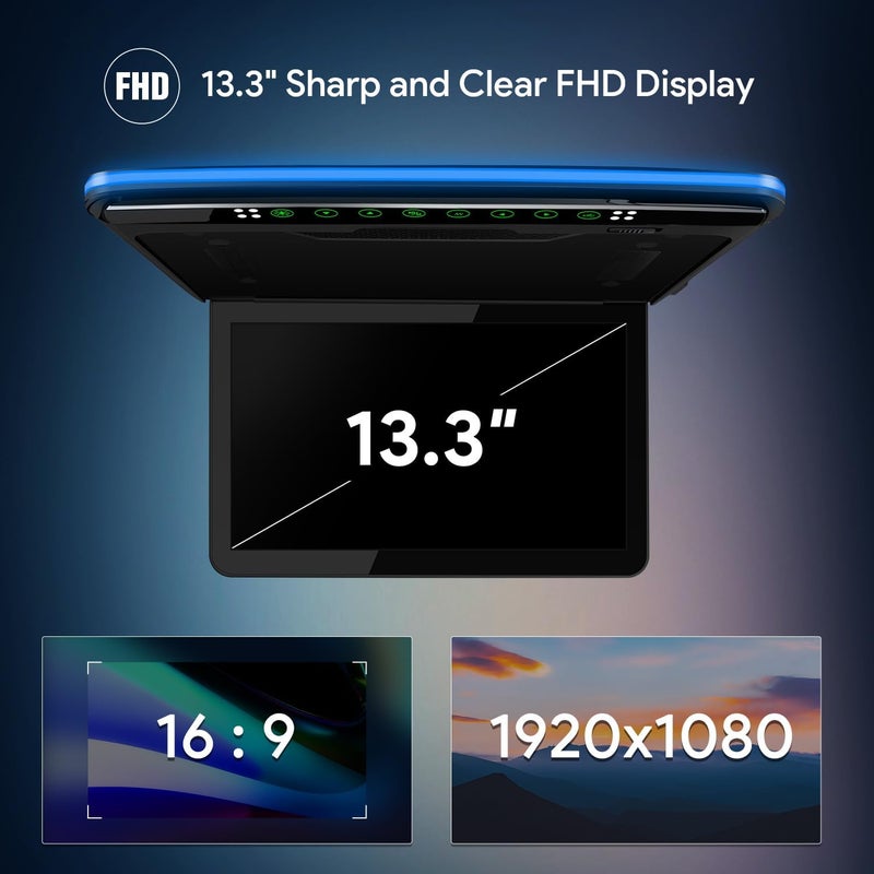 Xtrons شاشة سقف سيارة XTRONS بحجم 13.3 بوصة FHD مع USB و SD و HDMI - بدون DVD (أسود) - Image 3