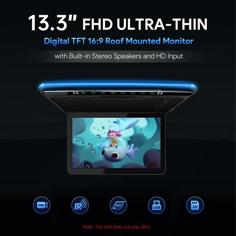 Xtrons شاشة سقف سيارة XTRONS بحجم 13.3 بوصة FHD مع USB و SD و HDMI - بدون DVD (أسود) - Image 2