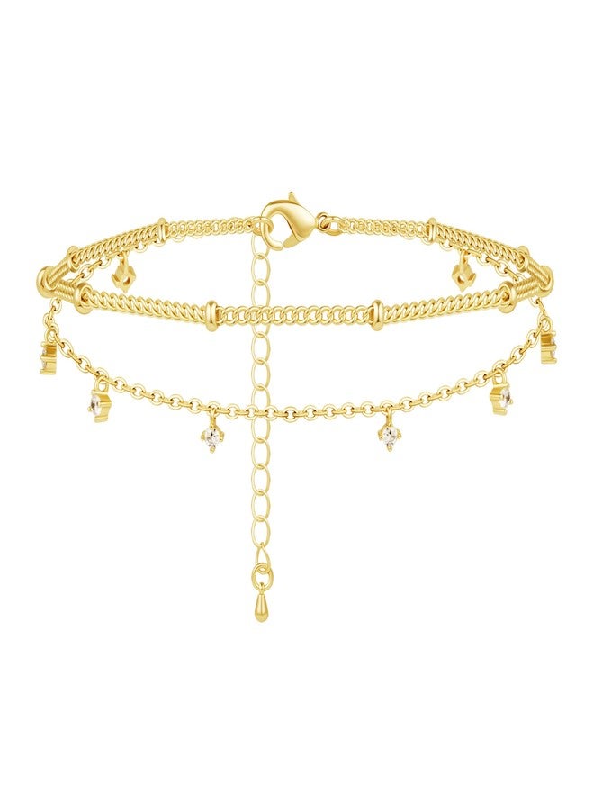 Poxtex Sterling Silver Anklet Bracelets for Women Waterproof, 925 Sliver Plated CZ & Heart Charm Dainty Layer Anklets for Women Trendy, Simple Chain Anklets Set Gifts for Women, Jewelry Gifts for Her - Image 1