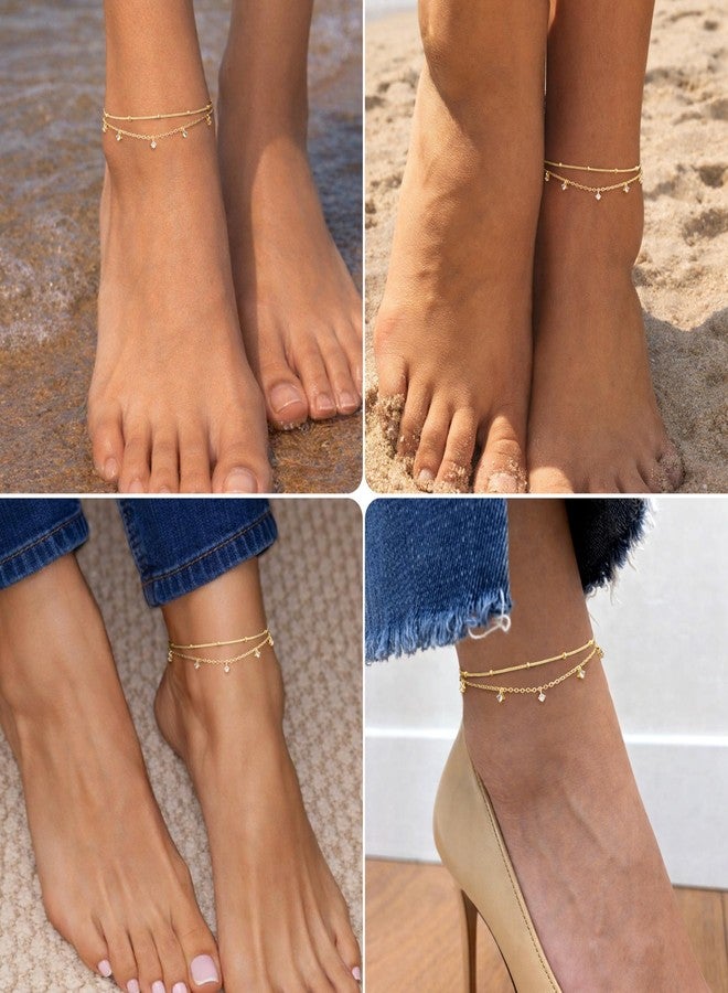Poxtex Sterling Silver Anklet Bracelets for Women Waterproof, 925 Sliver Plated CZ & Heart Charm Dainty Layer Anklets for Women Trendy, Simple Chain Anklets Set Gifts for Women, Jewelry Gifts for Her - Image 4
