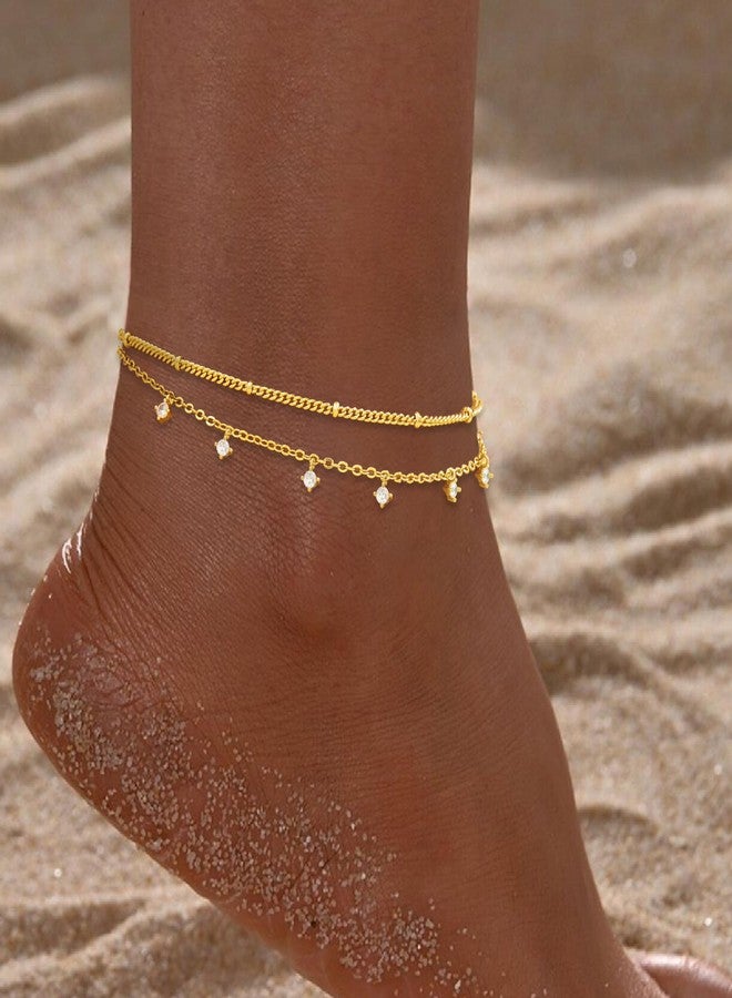 Poxtex Sterling Silver Anklet Bracelets for Women Waterproof, 925 Sliver Plated CZ & Heart Charm Dainty Layer Anklets for Women Trendy, Simple Chain Anklets Set Gifts for Women, Jewelry Gifts for Her - Image 3
