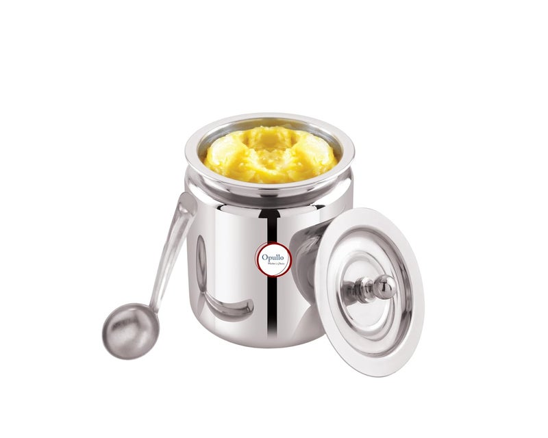 Opullo Mothers Choice Stainless Steel Ghee Pot with Spoon Stainless Steel Oil Containers for Kitchen Oil Containers for Kitchen Steel Mirror Polish Ghee Container with Spoon 1000 Ml - Image 1