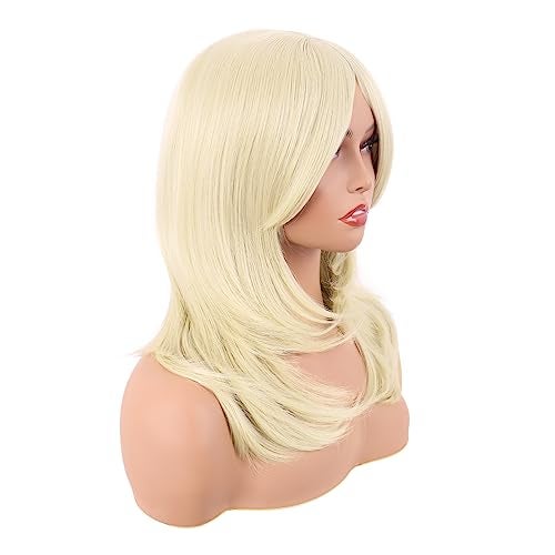 MapofBeauty 20 Inch50 cm Long Layered With Bangs Straight Synthetic fiber Shoulder Length Hair for Daily Use or Party Wig Light Blonde - Image 3