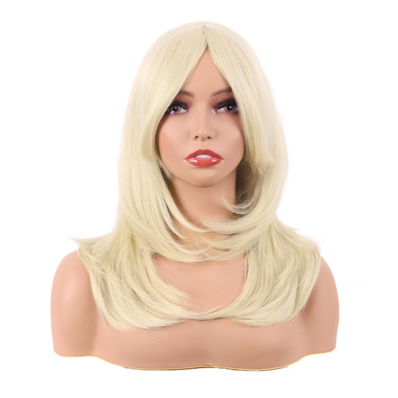 MapofBeauty 20 Inch50 cm Long Layered With Bangs Straight Synthetic fiber Shoulder Length Hair for Daily Use or Party Wig Light Blonde - Image 2