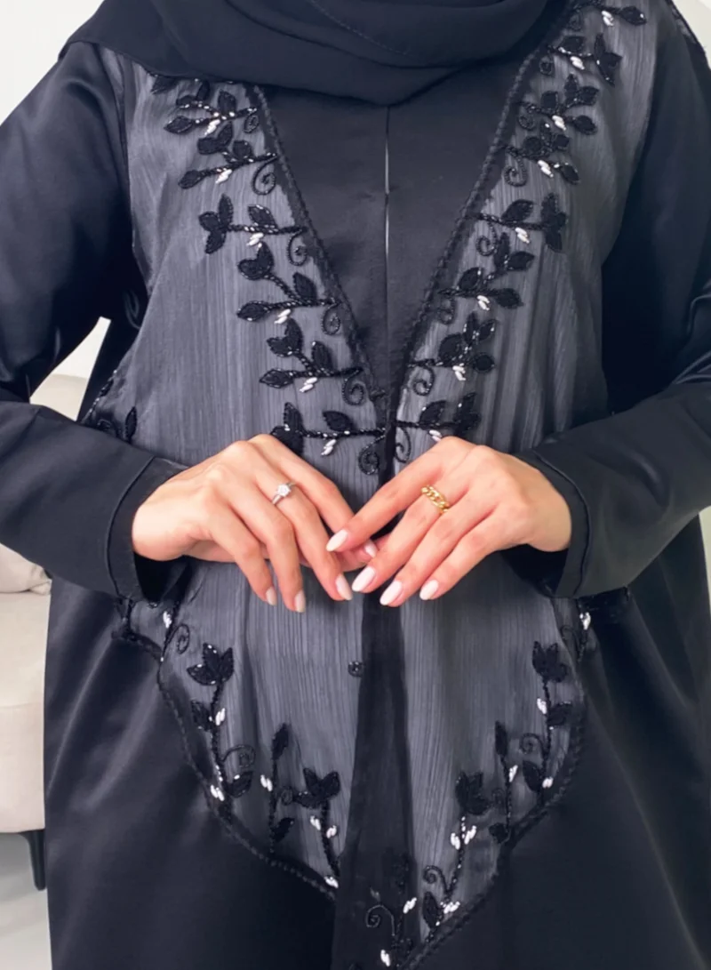 Rosette Abaya Elegant Open style abaya featuring elegant organza dantel accents