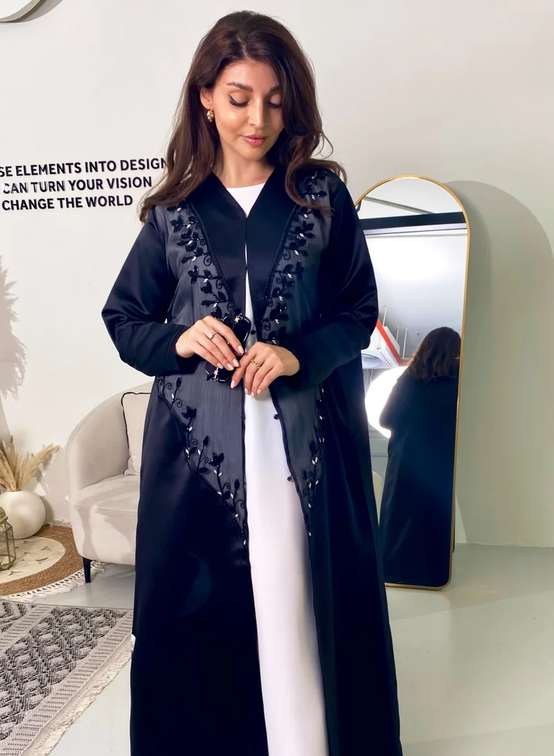 Rosette Abaya Elegant Open style abaya featuring elegant organza dantel accents