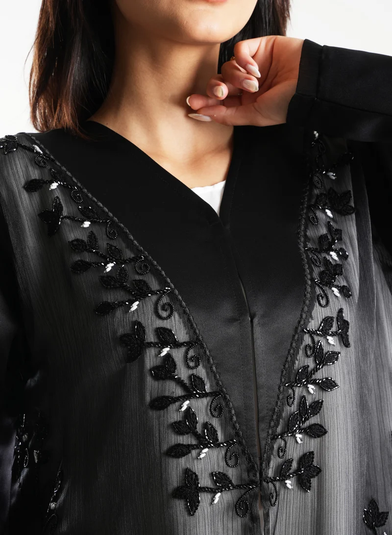 Rosette Abaya Elegant Open style abaya featuring elegant organza dantel accents