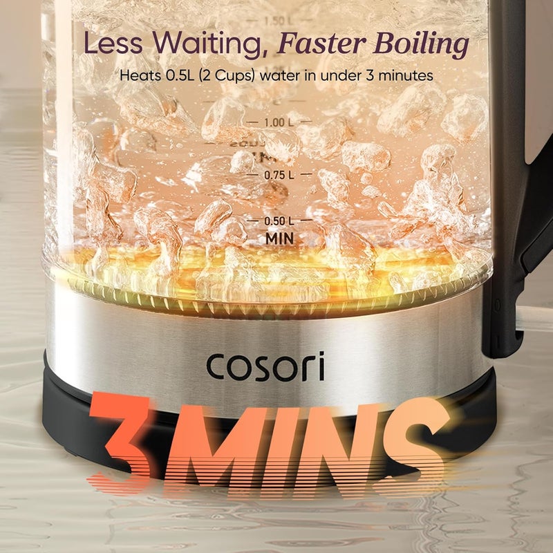 Cosori Electric Kettle 1.7L, No Plastic Contact With Water, Wide Mouth For Easy Cleaning, Auto Shut Off, Tea Kettle & Hot Water Boiler, Water Heater & Teapot, Borosilicate Glass, Black, 2200W G173 - Image 3