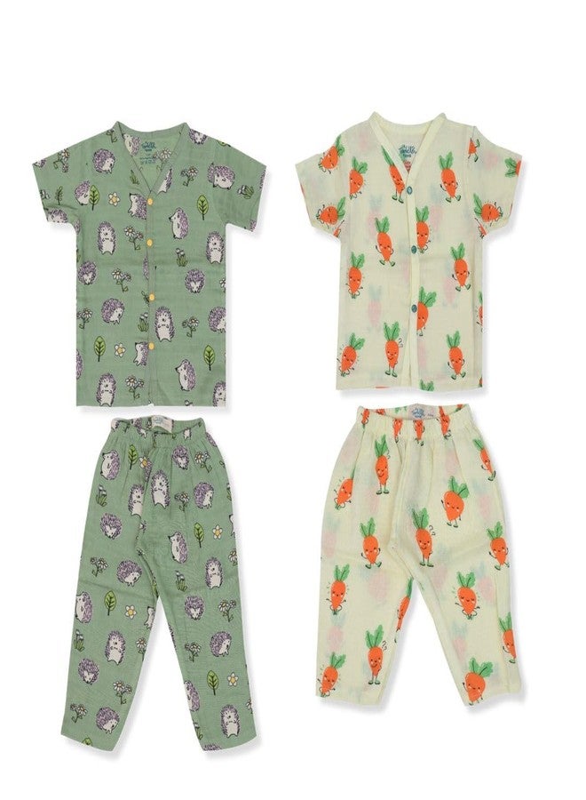 A toddler thing 100% Organic Half Sleeve Sleepsuits | Pajama Sets for Boys and Girls | Kids Nightwear | Carrot Spikes | Pack of 2 | 3-6 Months - Image 1