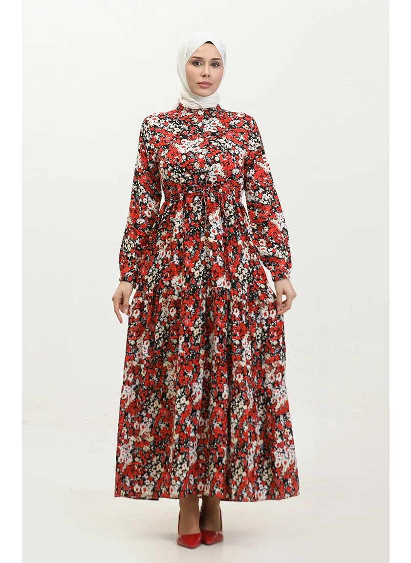 Sefa Merve Spring Half Buttoned Floral Patterned Dress 0361-02 Red