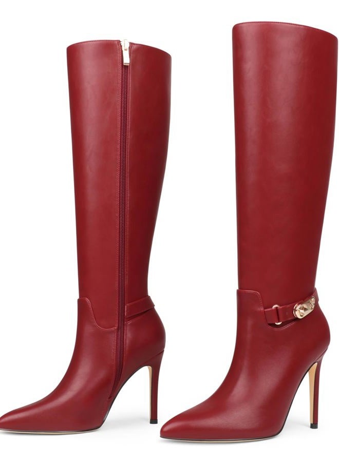 COLETER Women's Knee High Boots Pointed Toe Stiletto Buckle Dress Boots Slouch Zipper Heeled Boots, Burgundy Red, 6.5 - Image 1