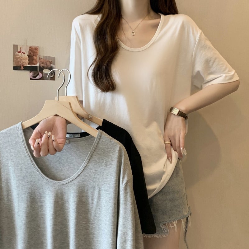 Real S Cotton Summer U-Collar Short-Sleeved T-Shirt Women'S Loose Korean Simple Solid Color Half-Sleeved T-Shirt Base Shirt - Image 2