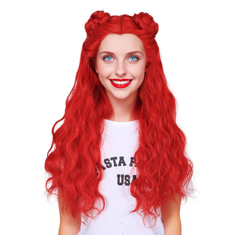 FantaLook Long Curly Red Cosplay Wig with 2 Buns for Halloween CostumeBig Size