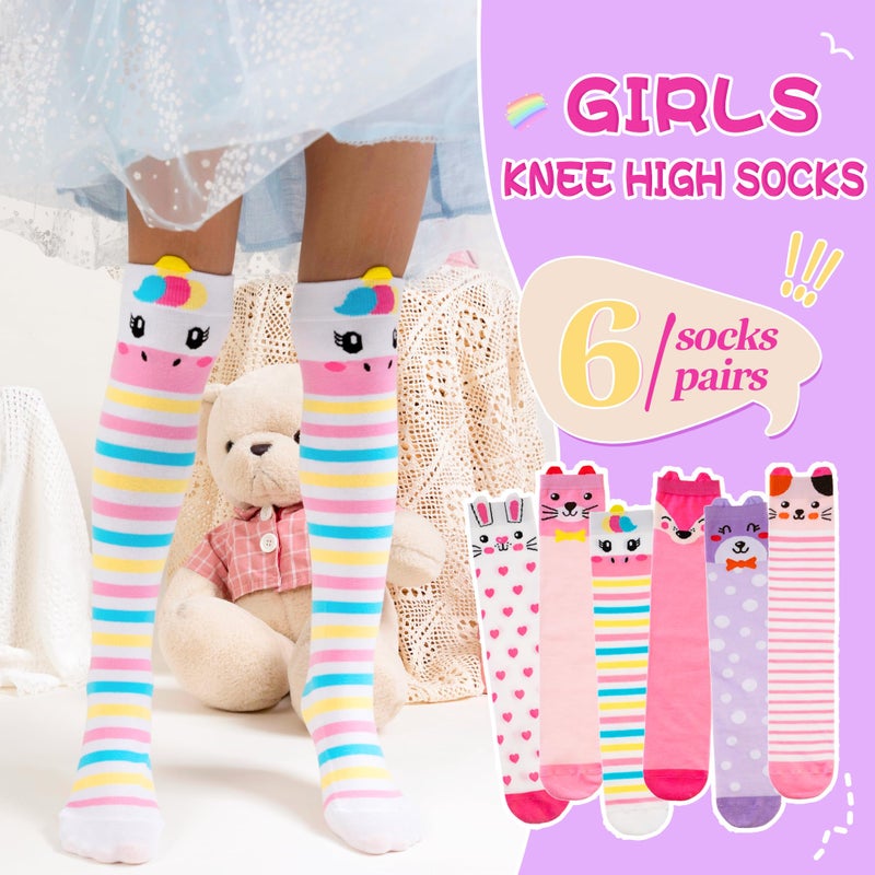 Eocom Girls Knee High Socks Kids Crazy Fun Gift Silly Tall Boot Cute Animal Cotton Long Socks 6 Pairs(Pink Purple Animal, 3-12 Years) - Image 2