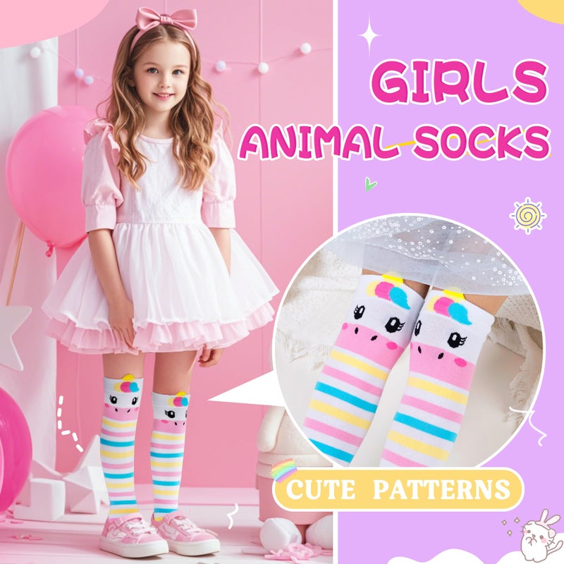 Eocom Girls Knee High Socks Kids Crazy Fun Gift Silly Tall Boot Cute Animal Cotton Long Socks 6 Pairs(Pink Purple Animal, 3-12 Years) - Image 4