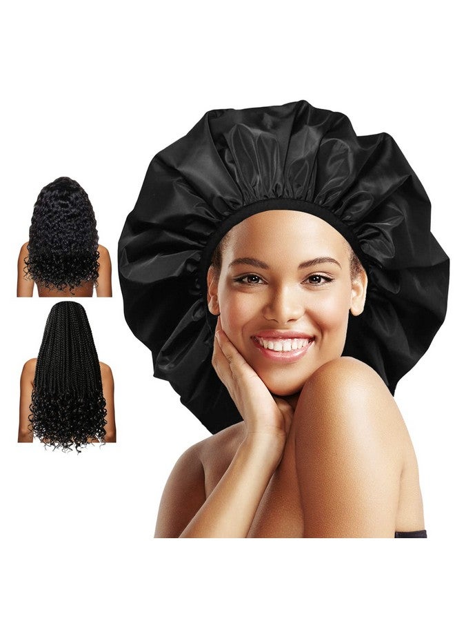 Auban Extra Large Shower Cap Doublelayer Waterproof Reusable Xl Satin Lining Shower Bonnet For Women Thick Long Hair Locs Braids(Black) - Image 1