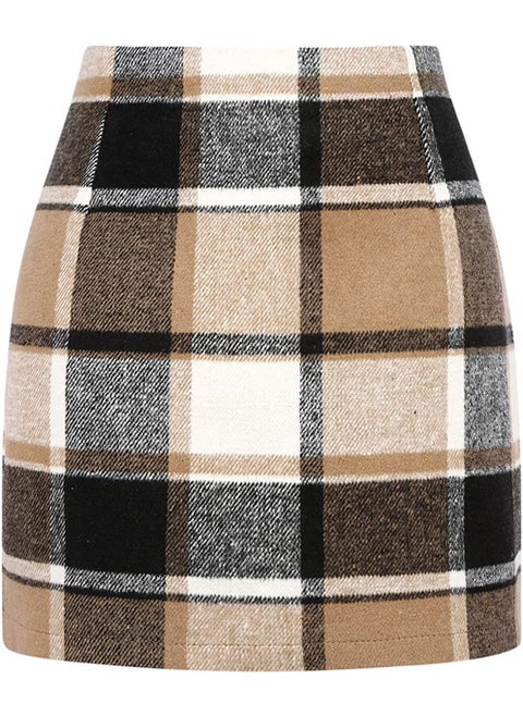 High-Waist Plaid Wool Pencil Mini Skirt deep khakis