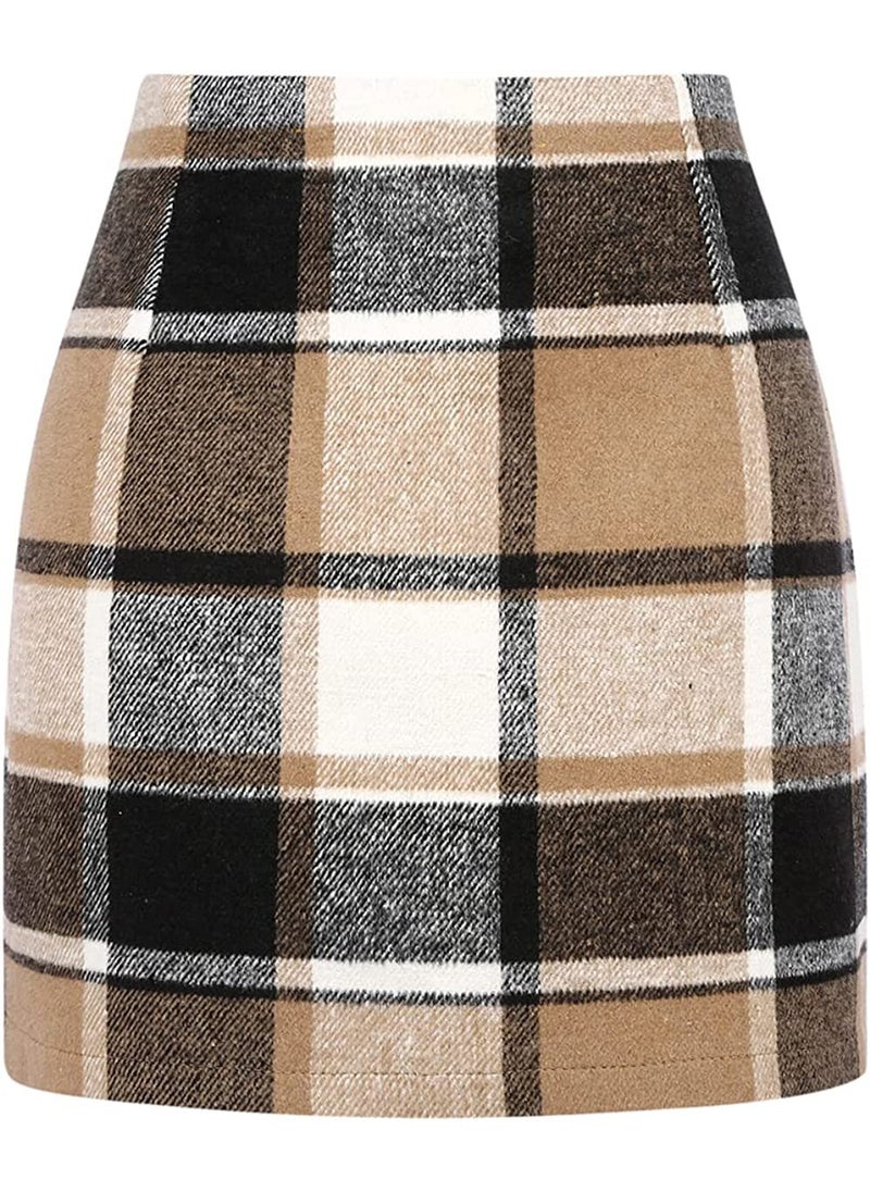 Generic - High-Waist Plaid Wool Pencil Mini Skirt deep khakis - Image 1