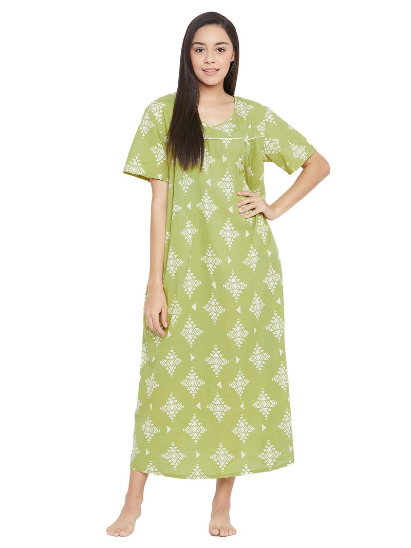 Clovia Women's Cotton Printed Maternity Long Night Dress (NS1111P11_Green_M) - Image 1
