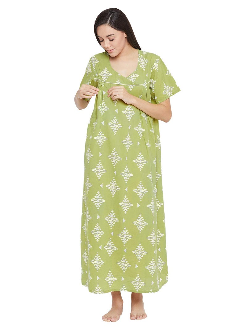 Clovia Women's Cotton Printed Maternity Long Night Dress (NS1111P11_Green_M) - Image 2