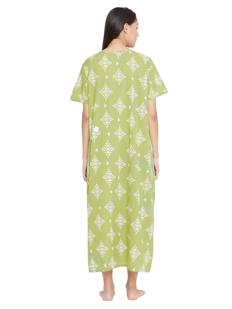 Clovia Women's Cotton Printed Maternity Long Night Dress (NS1111P11_Green_M) - Image 4