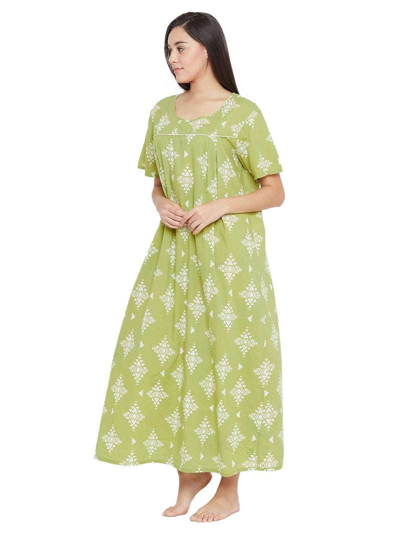 Clovia Women's Cotton Printed Maternity Long Night Dress (NS1111P11_Green_M) - Image 3