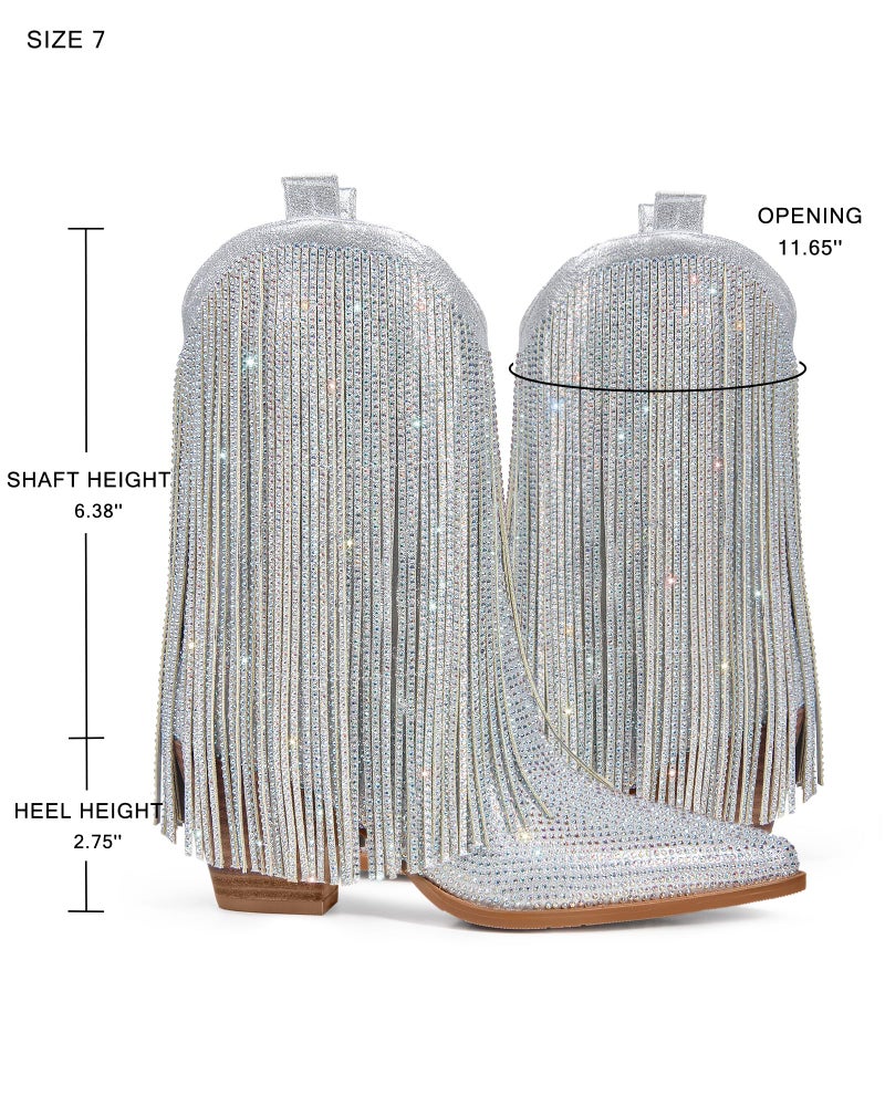 Ouepiano Cowboy Boots for Women - Cowgirl Rhinestone Boots with Sparkly Fringe Pointed Toe Western Boot Chunky Heel Pull-On Wide Calf Silver Botas Vaqueras Size 9 - Image 5