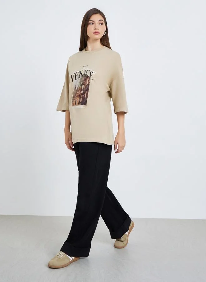 Styli Women Khaki Graphic Oversized T-Shirt