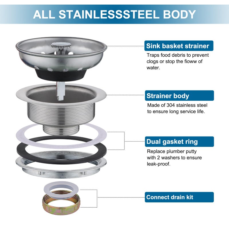 ZM Kitchen Sink Stainless Steel Basket Strainer with Drain Assembly, 3-1/2 Inch Sink Drain Stopper Plug - Image 2