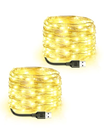 Blingstar أضواء الجنية المدعومة بواسطة USB من بلينغستار، عبوتان 33 قدم 100 LED، سلك فضي مرن، أضواء خيطية صغيرة لشجرة عيد الميلاد/غرفة النوم/التخييم/تزيين العطلات الداخلية، أبيض دافئ - Image 1