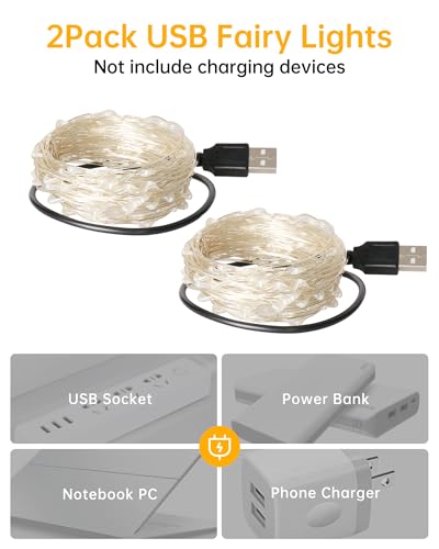 Blingstar أضواء الجنية المدعومة بواسطة USB من بلينغستار، عبوتان 33 قدم 100 LED، سلك فضي مرن، أضواء خيطية صغيرة لشجرة عيد الميلاد/غرفة النوم/التخييم/تزيين العطلات الداخلية، أبيض دافئ - Image 2