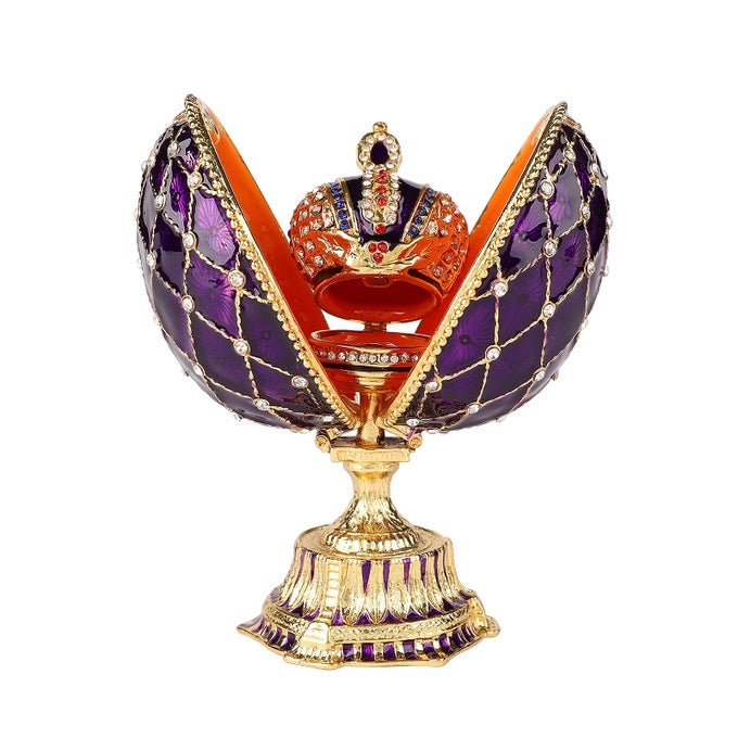 VINTAGE EASTER EGG STYLE PURPLE ENAMELED TRINKET BOX WITH MINI CROWN UNIQUE GIFT FOR FAMILY