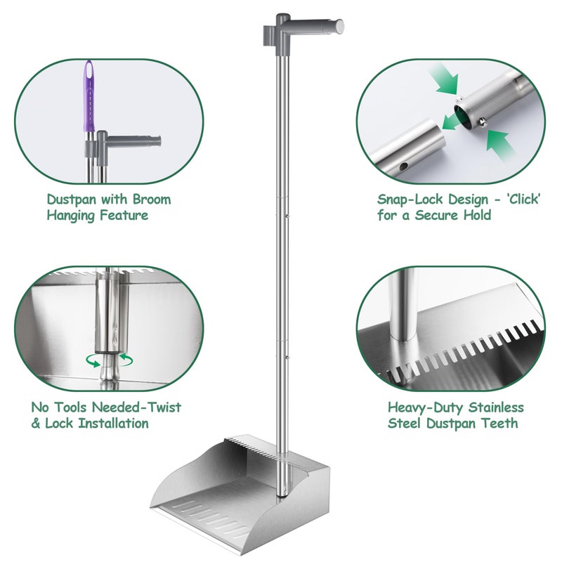 Yangbaga Dust Pans with Long Handle,Heavy Duty Metal Dust Pan with Handle,Upright Stand Up Dustpan with Dust Pan Teeth to Clean Hair for Home Kitchen Office Lobby Floor Garden - Image 3