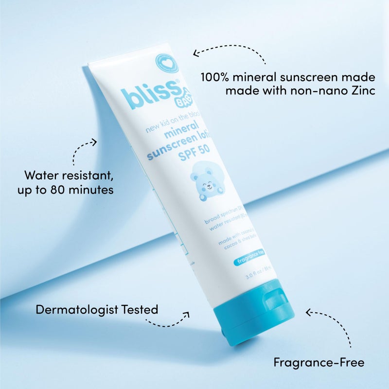 بليس لوشن واقي الشمس الفاخر بعامل حماية من الشمس 50 من بليس بيبي، لوشن معدني طبيعي من أكسيد الزنك، خالٍ من العطور، لا يسبب الحساسية وتم اختباره من قبل أطباء الجلدية، مقاوم للماء، نباتي، بشرة حساسة - للأطفال الرضع والعائلة بأكملها - Image 3