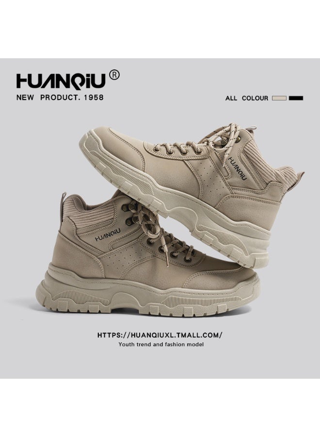 HUANQIU High-Top Chunky Sole Boots - Beige Suede Casual Sneakers for Men (Youth Trend Fashion Footwear) 41SIZE - Image 1