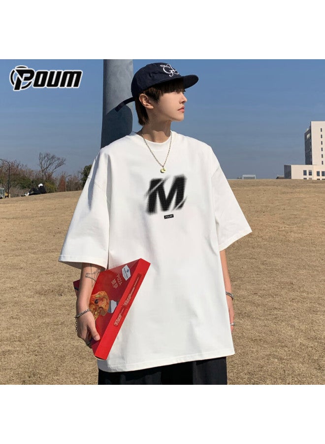 Poum American-style Short-sleeve T-shirt For Men And Women, Summer Cool-feeling Trendy Loose Casual High Street Pure Cotton Ph10 White 3XL - Image 2