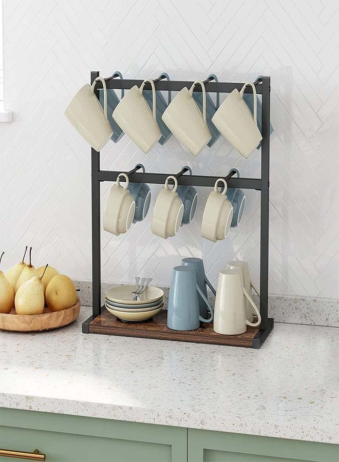 Dantawood Coffee Mug Holder Stand for Kitchen Countertop, 2 Tier Metal Coffee Cup Holder with Wooden Shelf (14-Cup Hooks) - Image 5