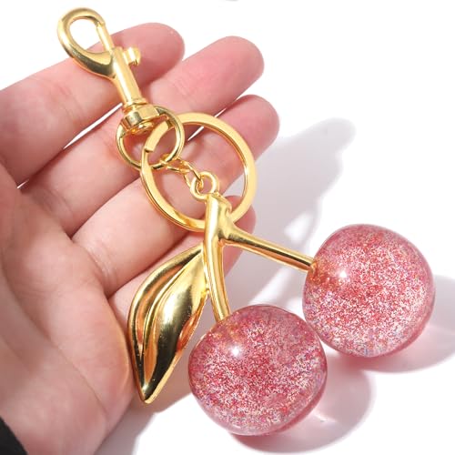 SORGERLY Pink Cherry Bag Charm Keychain - Gold Key Chain, Cute Purse Handbag Fruit Accessories - Beautiful Birthday Gift for Women (Pink) - Image 3