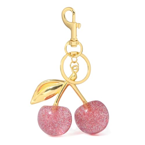 SORGERLY Pink Cherry Bag Charm Keychain - Gold Key Chain, Cute Purse Handbag Fruit Accessories - Beautiful Birthday Gift for Women (Pink) - Image 1