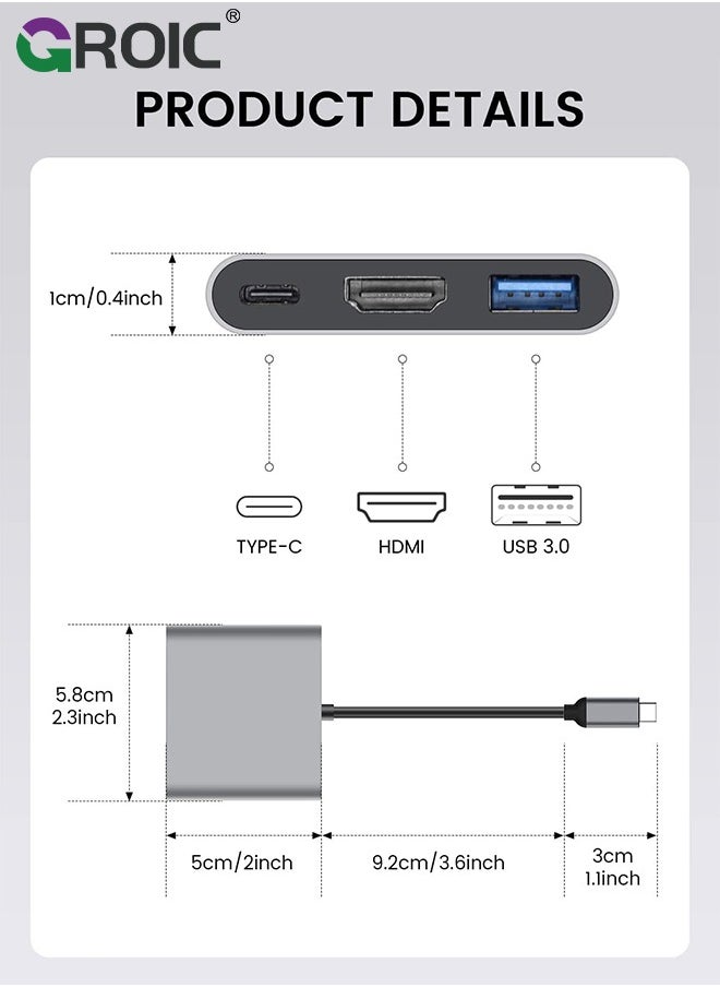 GROIC - USB C to HDMI Silver Adapter, 4K Video Converter with USB 3.0 and Type-C Charging Port, USB-C Digital AV Multiport Adapter for Mac and USB Type-C Devices - Image 1