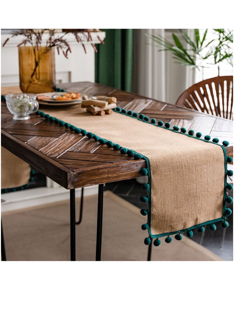 SYOSI Jute Burlap Table Runner, Rustic Tablecloth with Ball Fringe for Home Praty Table Decoration (Green,30×180cm) - Image 1