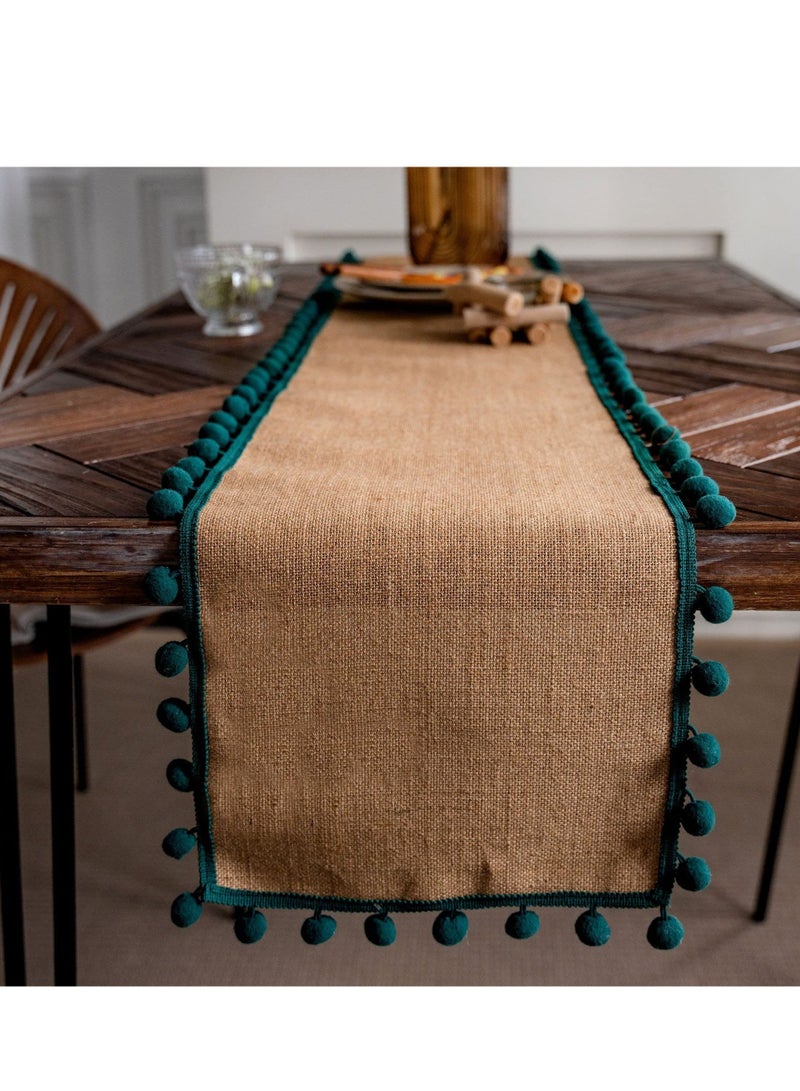 SYOSI Jute Burlap Table Runner, Rustic Tablecloth with Ball Fringe for Home Praty Table Decoration (Green,30×180cm) - Image 2