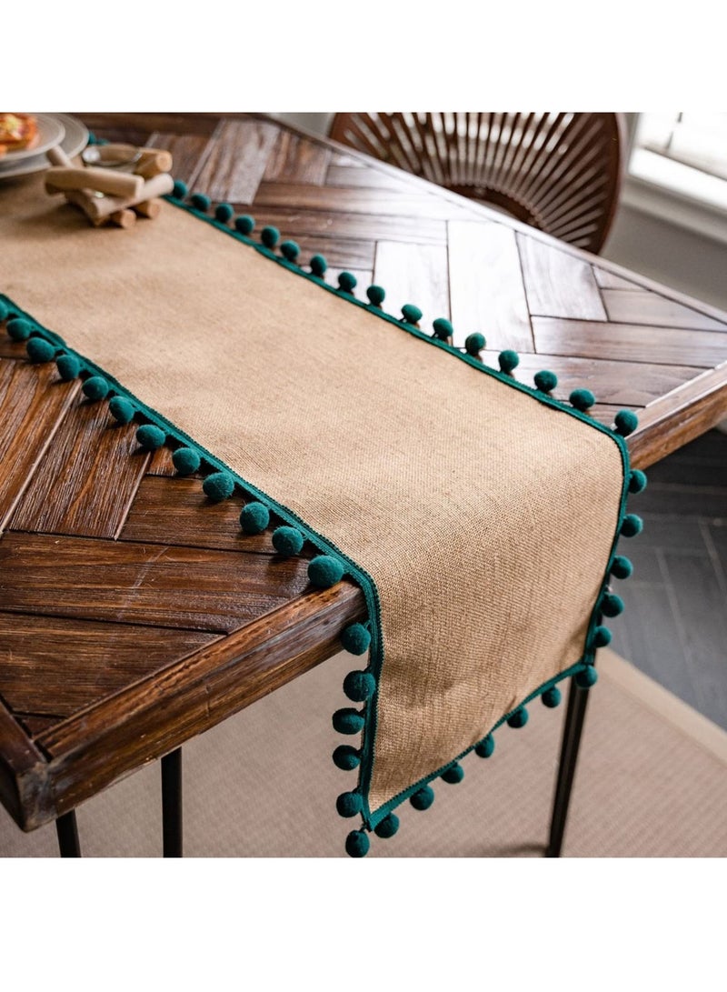 SYOSI Jute Burlap Table Runner, Rustic Tablecloth with Ball Fringe for Home Praty Table Decoration (Green,30×180cm) - Image 4